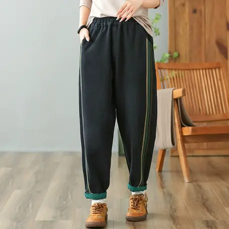 dza 高腰显瘦宽松直筒彩虹竖条纹加绒牛仔裤子女秋冬休闲哈伦长裤图片