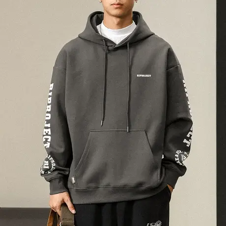 潮流男装连帽时尚卫衣纯色字母休闲男装户外男士袋鼠兜百搭卫衣图片