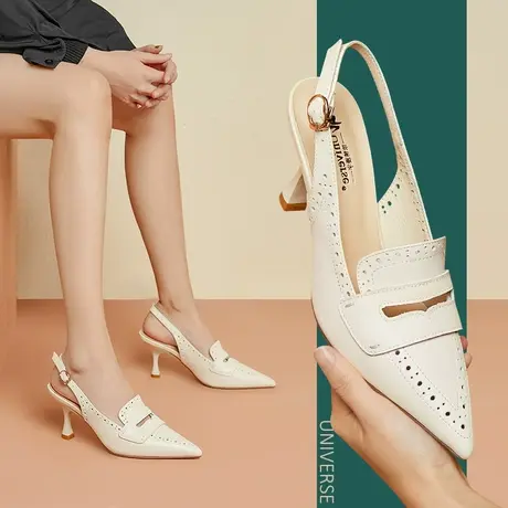 清仓小香风真皮凉鞋女镂空包头奢侈舒适细跟高跟鞋子商品大图