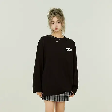 YEP潮牌圆领长袖t恤女2023新款春秋ins宽松叠穿内搭打底纯棉上衣商品大图