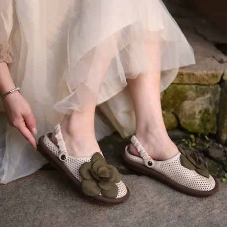 Artmu阿木原创复古花朵包头凉鞋女平底镂空女鞋软底两穿拖鞋外穿图片