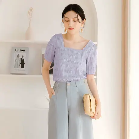 桔熊夏季温柔风洋气小衫宽松泡泡短袖方领上衣女胖mm大码AB15190图片