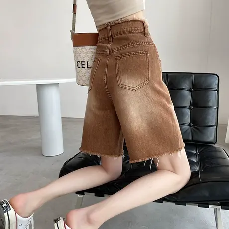 复古毛边牛仔五分短裤女夏季薄款宽松显瘦高腰直辣妹5分中裤ins潮图片