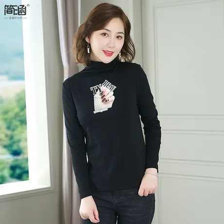 简涵大码女装胖mm高领黑色印花打底衫女秋冬新款2020内搭长袖上衣商品大图