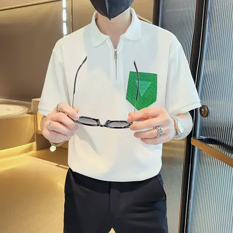 夏季男士polo衫t恤短袖翻领半袖拼色口袋个性潮牌时尚休闲体恤商品大图