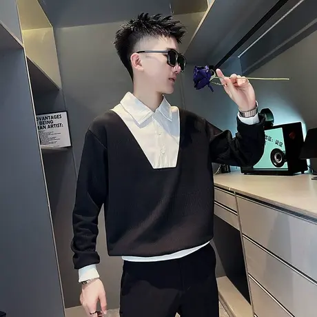 秋季新款潮牌时尚休闲拼接拼色个性学生长袖T恤翻领POLO衫卫衣男商品大图