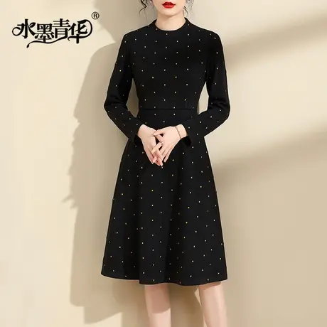 水墨青华冬季新品时尚显瘦百搭打底裙中长款优雅针织连衣裙图片