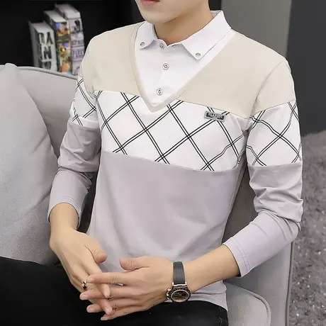 秋季男士polo衫拼色潮流长袖翻领纯棉t恤男装休闲衬衫领打底衫T恤商品大图