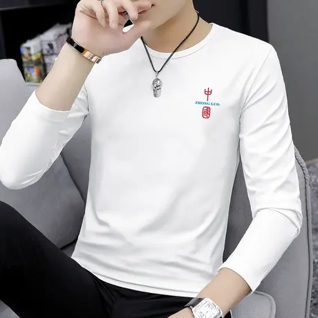 莫代尔男士长袖t恤潮牌潮流ins内搭打底衫薄款秋季小衫白色上衣服商品大图