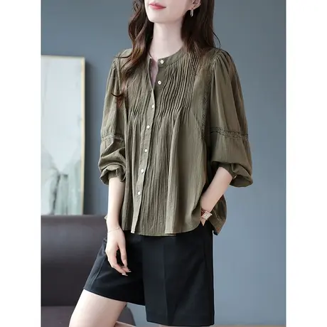 宝诗黎圆领蕾丝拼接长袖衬衫休闲上衣女2023早秋新款棉质宽松衬衣商品大图