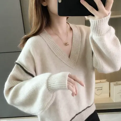 V领针织衫女套头秋冬季上衣秋冬新款软糯毛衣慵懒风宽松外穿洋气商品大图