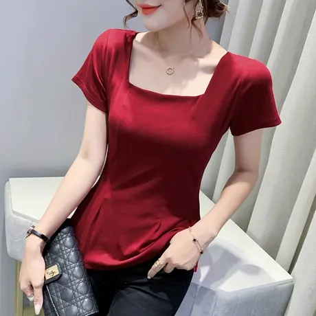 性感露锁骨T恤女短袖夏季法式方领上衣洋气修身收腰荷叶摆娃娃衫商品大图