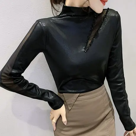 加绒打底衫女秋冬欧货钉珠长袖T恤网纱拼接镂空小衫紧身内搭上衣商品大图