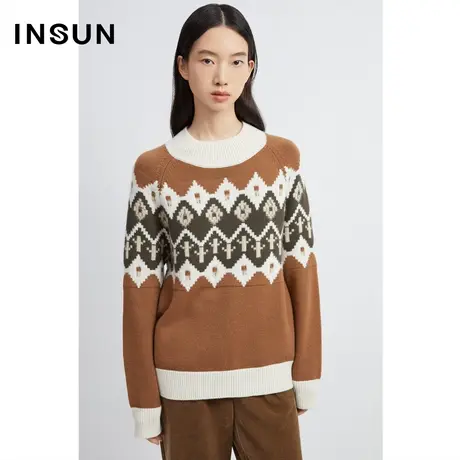 INSUN恩裳冬季复古菱形格提花宽松毛衣商品大图