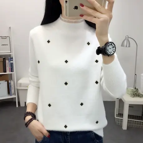 水貂绒女士套头毛衣女2021秋冬新款蕾丝拼接加厚宽松内搭打底衫女商品大图