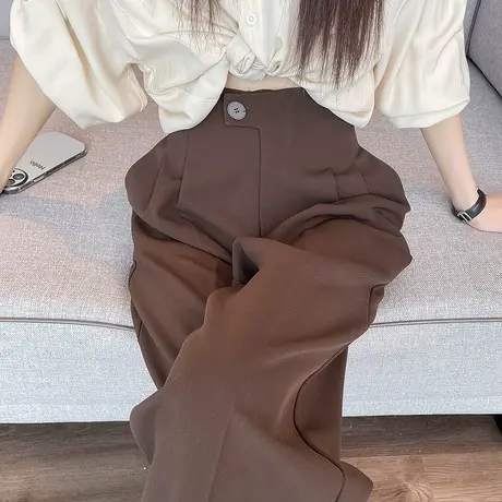 咖啡色西装裤女春秋新款高腰显瘦直筒九分小个子垂坠感休闲烟管裤商品大图