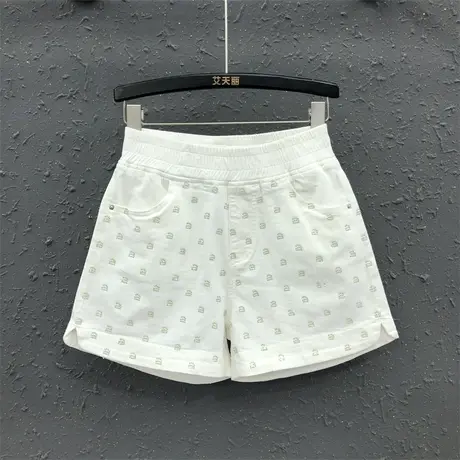 白色休闲牛仔短裤女2025夏天新品宽松显瘦开叉松紧高腰阔腿裤热裤商品大图