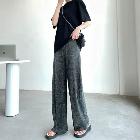 灰色亮丝阔腿裤女春秋高腰垂感窄版宽松显瘦小众休闲直筒拖地裤薄图片