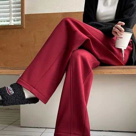 酒红色加绒阔腿裤女秋冬2023新款休闲裤高腰感垂感直筒运动香蕉裤商品大图
