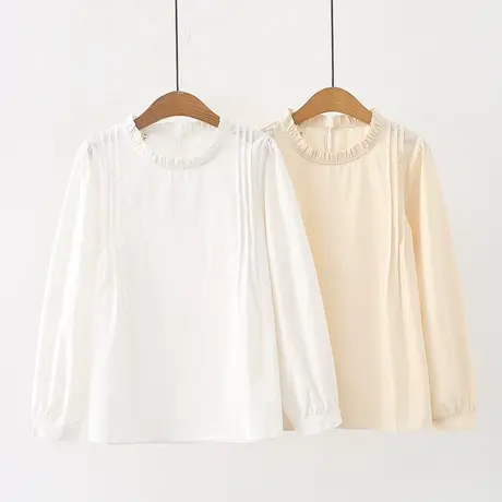 日系软妹木耳荷叶边立领纯棉长袖衬衫韩系法式复古设计感上衣少女商品大图