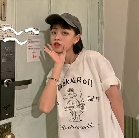 红续春夏季新款韩版ulzzang宽松小众原创卡通纯棉短袖T恤女ins潮商品大图