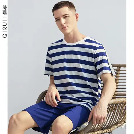 绮瑞纯棉睡衣男夏季短袖短裤薄款条纹宽松大码夏天全棉家居服套装商品大图