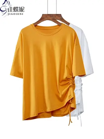 夏季新款韩版纯棉宽松休闲抽绳圆领短袖体恤上衣大码女装T恤商品大图