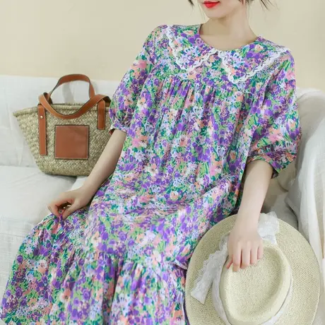 【买一送一】云子春季新款油画花朵棉质蕾丝花边娃娃领连衣裙商品大图