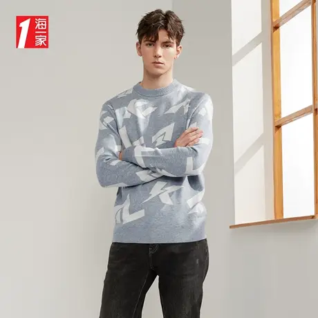 海一家时尚简约几何花纹上衣2023秋季新款青春休闲长袖针织衫男商品大图