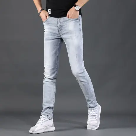 香港牛仔裤男款夏季薄款修身小脚长裤浅色弹力简约百搭男士休闲裤图片