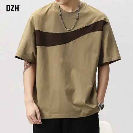 男士卡其短袖男潮流纯棉t恤男款夏季2023新款美式潮牌五分袖上衣商品大图