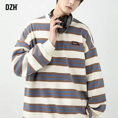 男生条纹圆领卫衣男秋季潮牌宽松2024新款日系宽松上衣长袖打底衫商品大图