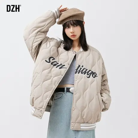 情侣棉服男冬季新款2023情侣装外套冬装棉衣米灰色菱格棒球服棉袄商品大图