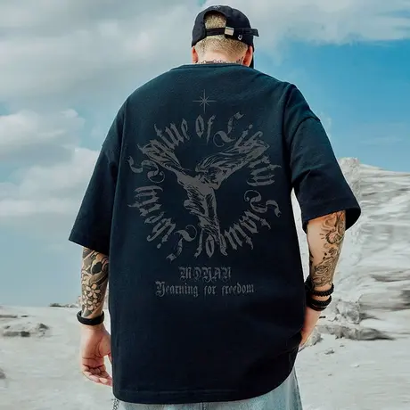 摩严大码男装2025年新款美式复古加肥加大重磅圆领短袖t恤潮牌夏商品大图