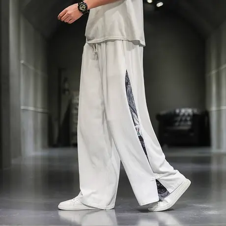 2023秋季男休闲裤中国风棉麻宽松复古拼色阔腿潮流直筒裤垂感裤子商品大图