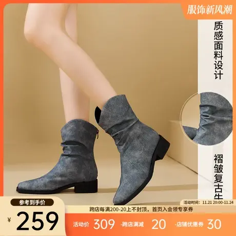 快乐玛丽牛仔靴女2024春季新款尖头粗跟复古骑士靴户外中筒靴子女图片