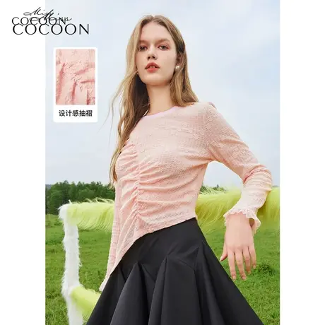 missCOCOON透气定制提花上衣2023秋新女蕾丝荷叶边下摆不对称T恤图片