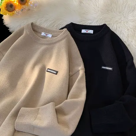 圆领毛衣男秋冬季2022爆款慵懒风潮牌宽松日系复古针织衫外套线衣商品大图