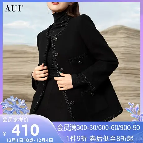 AUI黑色气质名媛小香风毛呢外套女2024秋冬新款高定短款呢子大衣图片