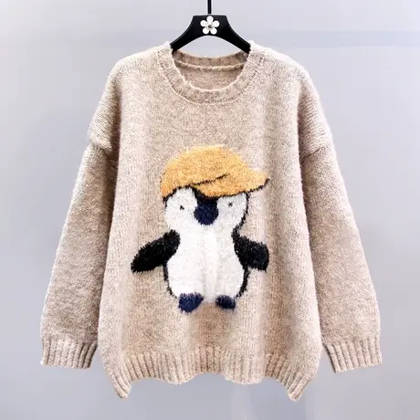 复古慵懒风卡通企鹅毛衣女冬季2023新款宽松加厚休闲百搭针织上衣商品大图