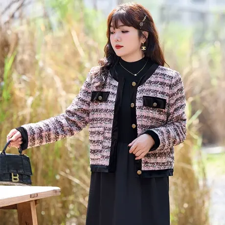 2024春冬新款大码女装显瘦胖MM粉色格子法式名媛短款外套女高级感图片