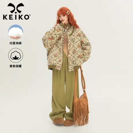 KEIKO 复古碎花提花外套女2024早春设计感宽松夹棉夹克棒球服图片