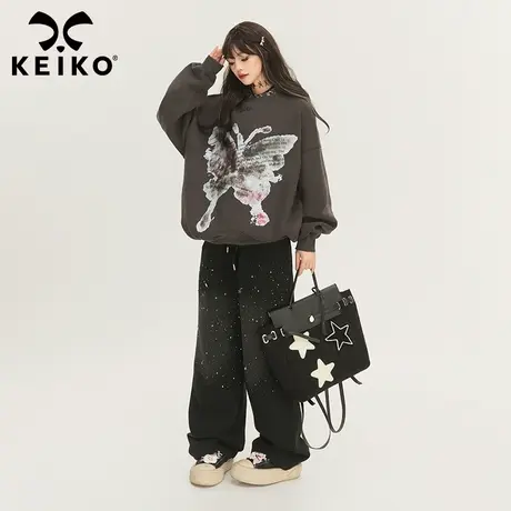 KEIKO [加密绒]美式复古蝴蝶花卫衣2024早春时髦酷感金属领饰外套商品大图
