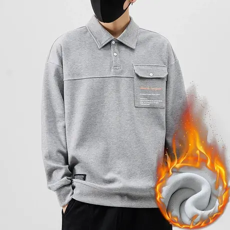 2024新款男装秋冬款潮牌翻领上衣服冬季男士加绒加厚内搭长袖卫衣商品大图