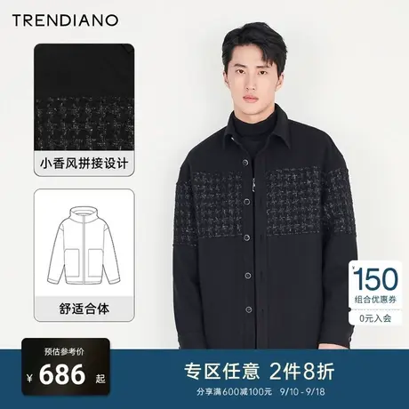 TRENDIANO拼接小香风时尚绒外套2023秋冬季新款绵羊毛潮男装商品大图