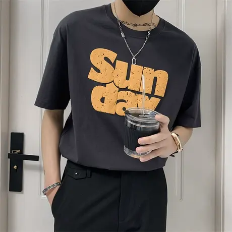 简约休闲短袖夏季t恤简约字母百搭圆领上衣韩版潮牌青年学生体恤商品大图