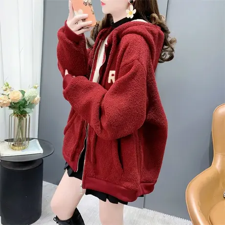 羊羔毛加绒加厚卫衣外套女秋冬2023年新款宽松刺绣时尚爆款上衣潮商品大图