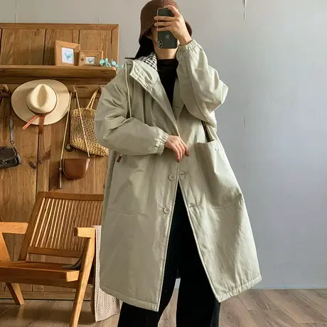 dza 复古带帽长款加厚防风棉衣外套女冬外穿保暖棉衣宽松口袋棉袄商品大图