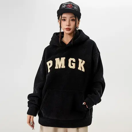 美式潮牌刺绣字母650g重磅摇粒绒卫衣男宽松加绒加厚冬季保暖外套商品大图