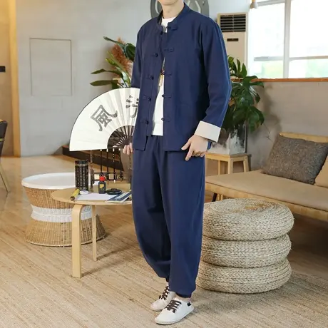 套装男中国风春秋季复古唐装休闲宽松男装一套衣服潮流盘扣两件套商品大图